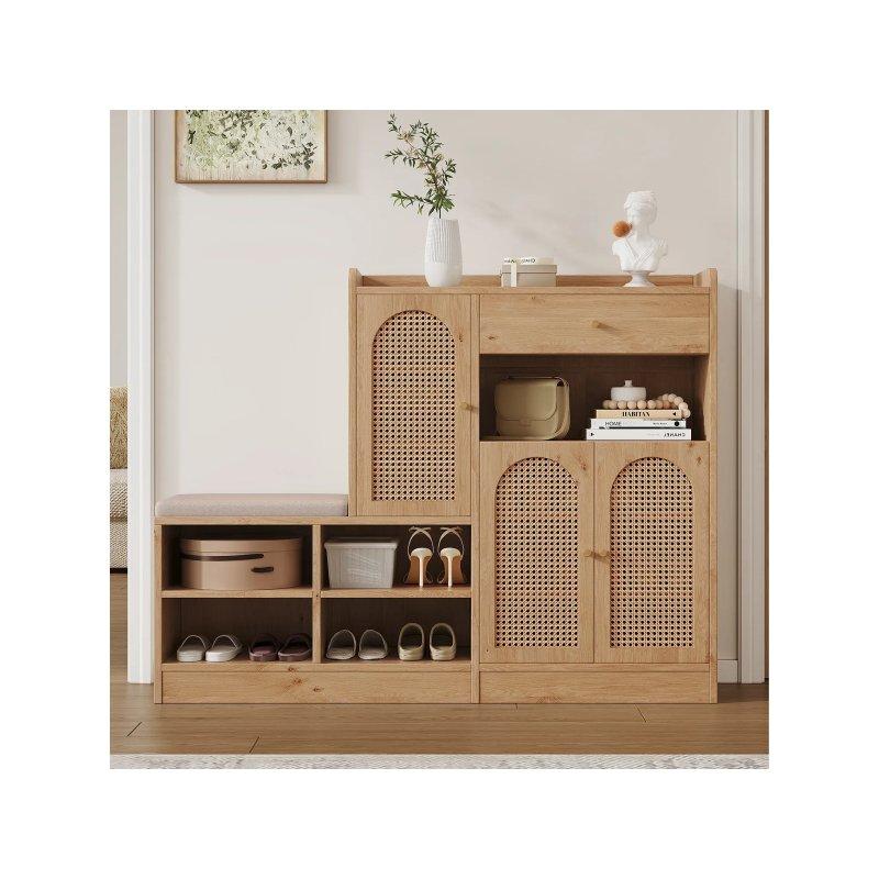 Beyaz Ahşap Minderli Çekmeceli 4 Kapaklı Çok Amaçlı Ayakkabılık - 142x35x110 cm - 118765