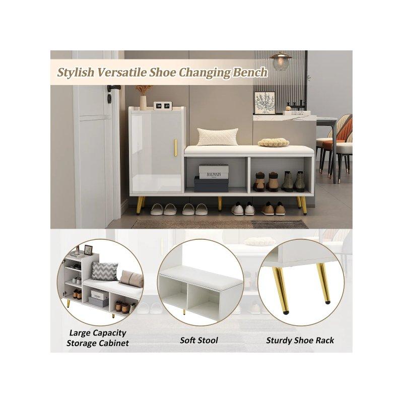 Beyaz Ahşap Minderli Kapaklı Gold Ayaklı Ayakkabılık - 120x35x69 cm - 118363