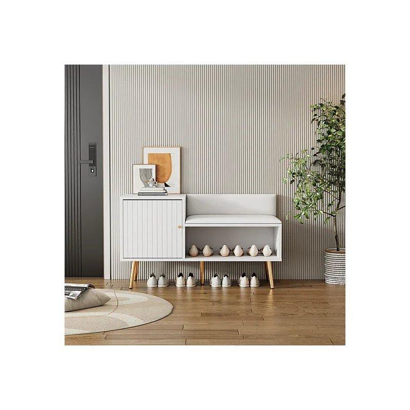 Beyaz Ahşap Minderli Kapaklı Raflı Ayakkabılık Bench - 100x58x38 cm - 118405