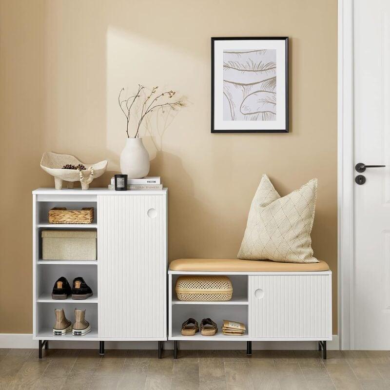 Beyaz Ahşap Minderli Sürgü Kapaklı Ayakkabılık Bench - 85x37x49 cm - 119406