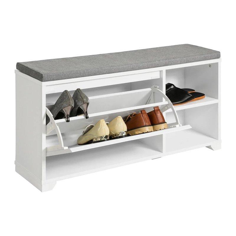 Beyaz Ahşap Minderli ve Sürgülü Kapaklı Ayakkabılık - 90x24x46 cm - 118432