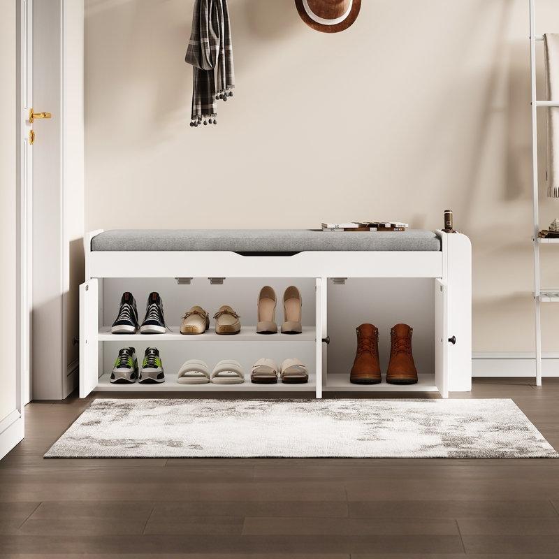 Beyaz Ahşap Minderli Ve Yan Raflı Depolamalı Ayakkabılık Bench - 97x36x46 cm - 120553