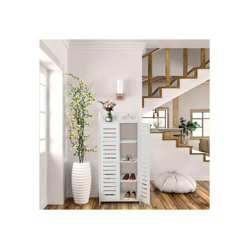 Beyaz Ahşap Plastik Kompozit 5 Raflı Oymalı Kapaklı Ayakkabılık - 40x31x90 cm - 118651