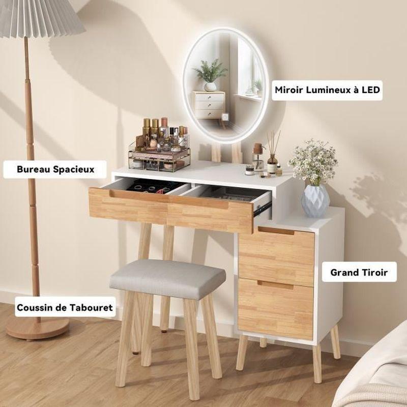 Beyaz Ahşap Suntalam 4 Çekmeceli Dokunmatik LED Aynalı Makyaj Masası - 70 cm - 122323