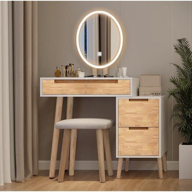 Beyaz Ahşap Suntalam 4 Çekmeceli Dokunmatik LED Aynalı Makyaj Masası - 70 cm - 122323