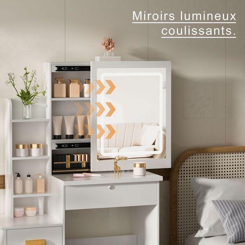 Beyaz Ahşap Sürgülü Aynalı LED Işıklı ve Tabureli Makyaj Masası - 80x36x130 cm - 122185