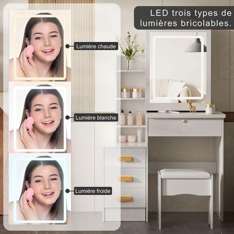 Beyaz Ahşap Sürgülü Aynalı LED Işıklı ve Tabureli Makyaj Masası - 80x36x130 cm - 122185