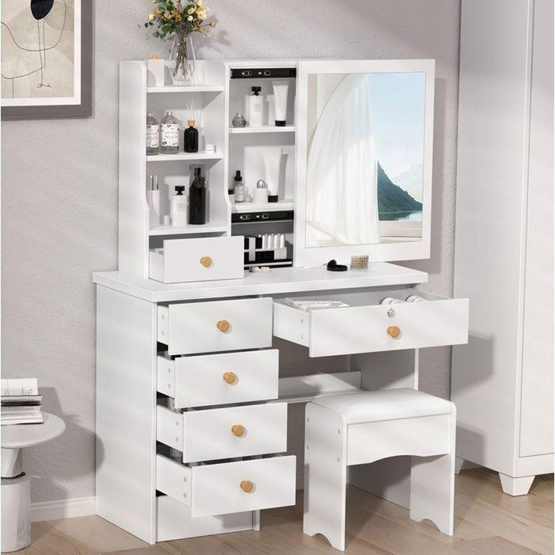 Beyaz Ahşap Sürgülü Aynalı ve 6 Çekmeceli Makyaj Masası - 80x37x122 cm - 122320