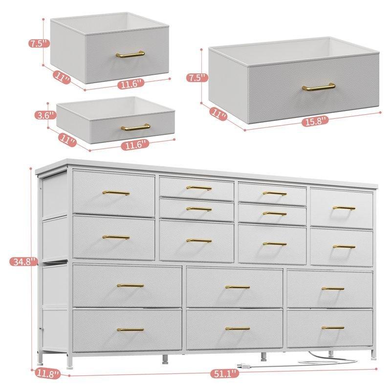 Beyaz Ahşap Tablalı 16 Kumaş Çekmeceli Priz ve USB Çıkışlı Gold Kulplu Şifonyer - 130x30x89 cm - 122854