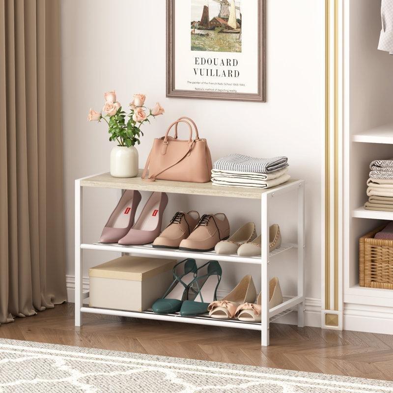 Beyaz Ahşap Üst Tablalı 3 Katlı Tel Raflı Ferforje Ayakkabılık - 60x30x43 cm - 121195