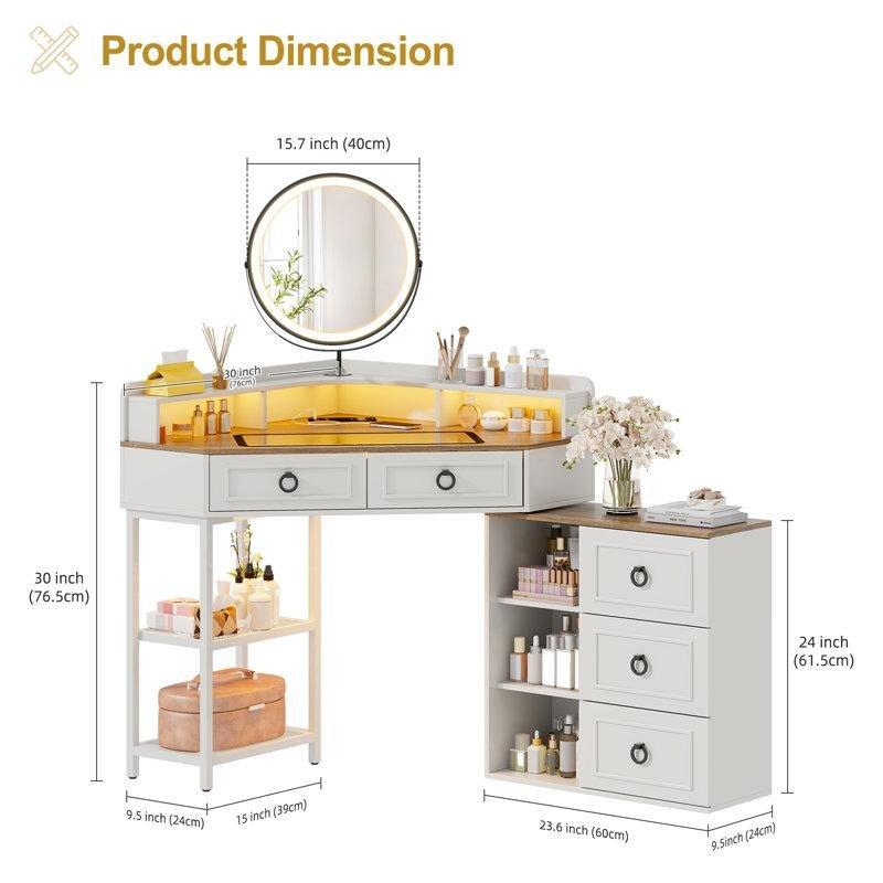 Beyaz Ahşap ve MDF LED Aynalı Kablosuz Şarjlı Köşe Makyaj Masası - 77 cm - 121399