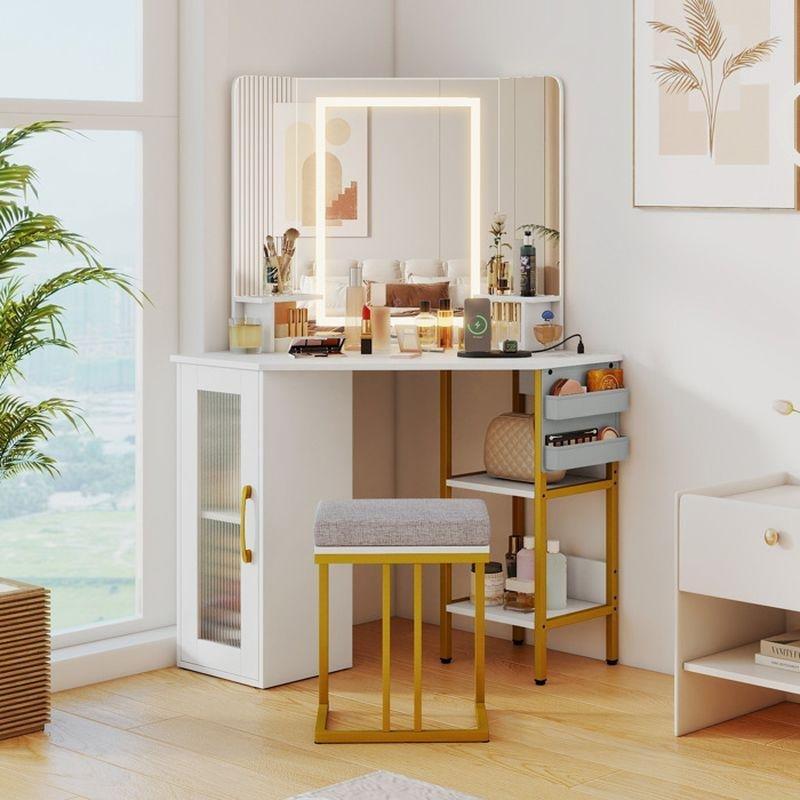 Beyaz Ahşap ve Metal LED Işıklı Şarj İstasyonlu Tabureli Köşe Makyaj Masası - 108x50x143 cm - 122107