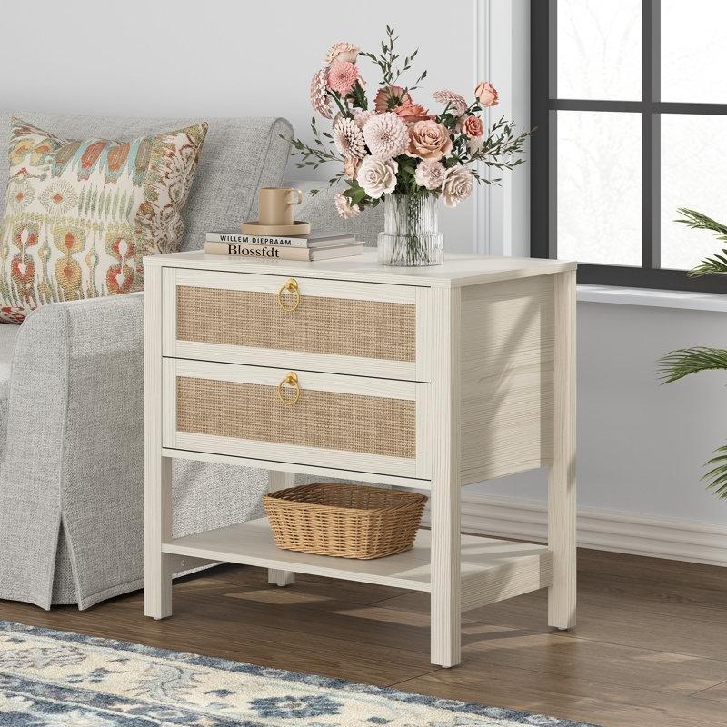 Beyaz Ahşap ve Rattan 2 Çekmeceli Raflı Komodin - 68x40x66 cm - 127589