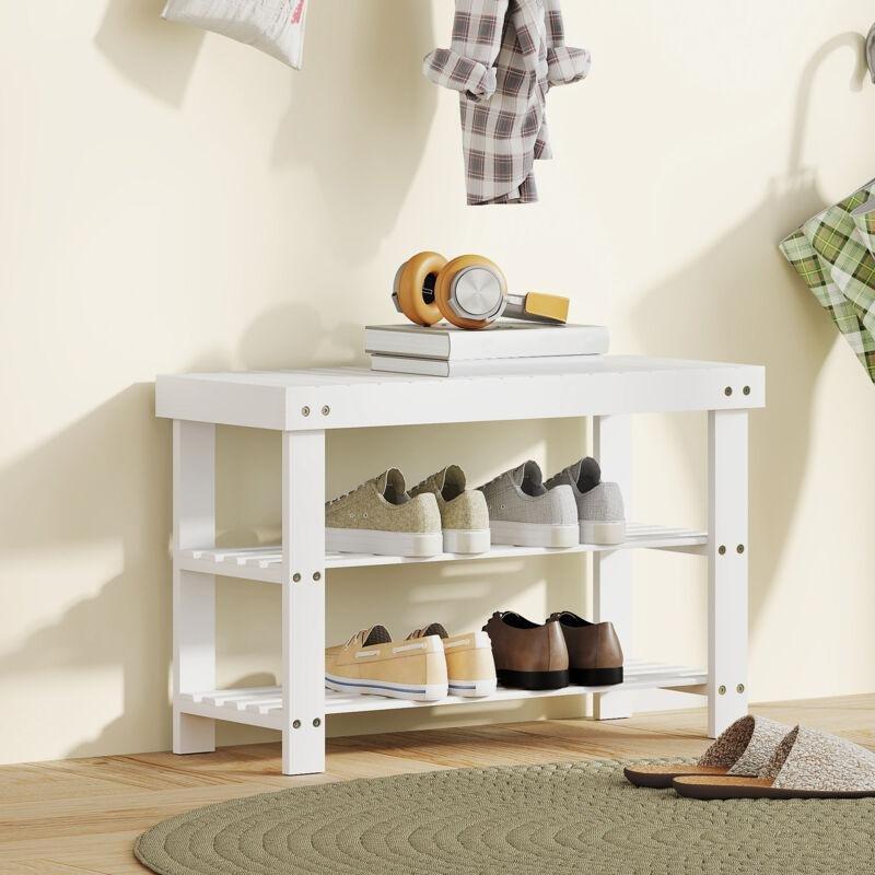 Beyaz Bambu 3 Katlı Oturaklı Ayakkabılık - 70x28x45 cm - 119518