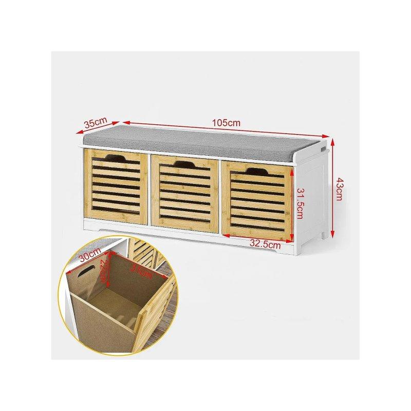 Beyaz Bambu ve MDF Malzeme 3 Çekmeceli Minderli Oturaklı Ayakkabılık - 105x35x43 cm - 118318