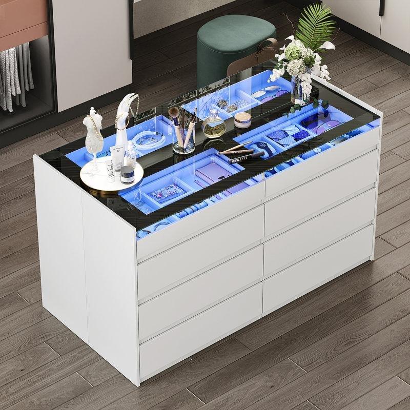 Beyaz Cam Tablalı 16 Çekmeceli LED Işıklı Ada Şifonyer - 120x70x80 cm - 123837