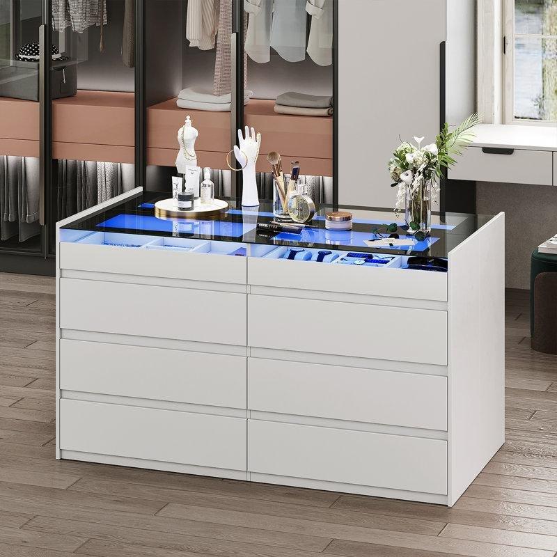Beyaz Cam Tablalı 16 Çekmeceli LED Işıklı Ada Şifonyer - 120x70x80 cm - 123837