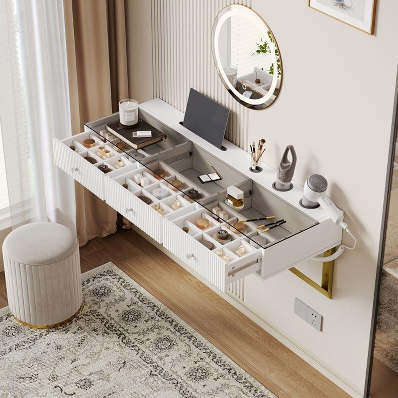 Beyaz Cam Tablalı 3 Çekmeceli Duvara Monte Fön Tutuculu Makyaj Masası - 120x40x45 cm - 122266