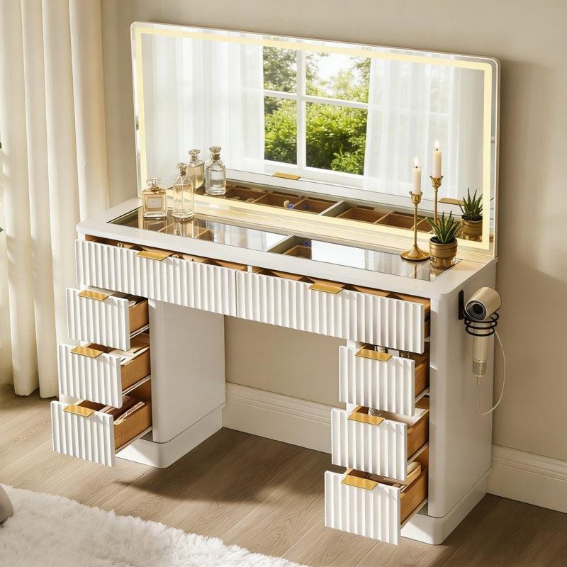 Beyaz Cam Tablalı 8 Çekmeceli LED Işıklı ve Şarj İstasyonlu Makyaj Masası - 122 cm - 121672
