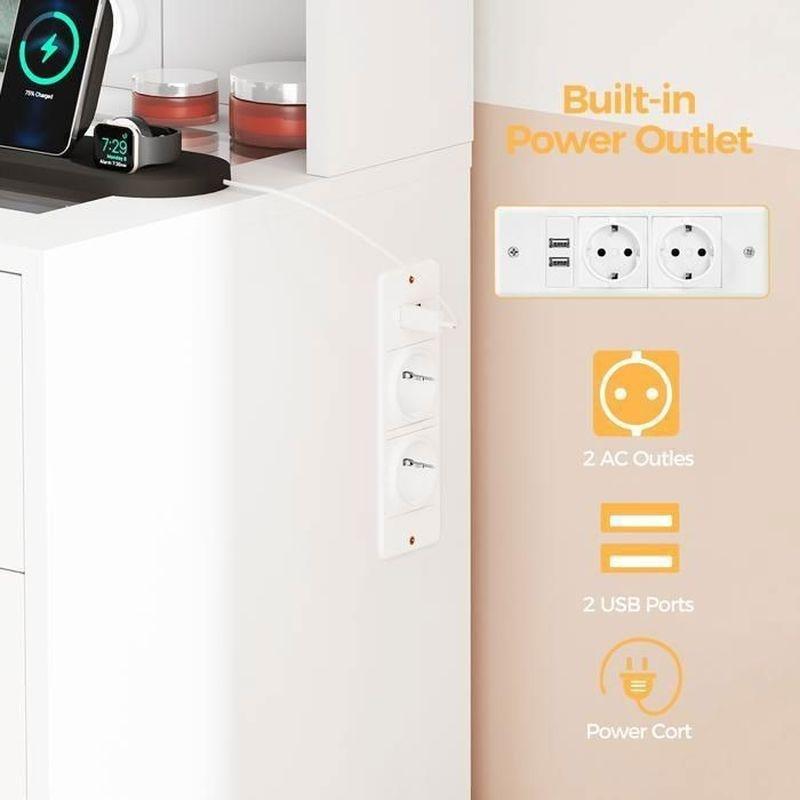 Beyaz Cam Tablalı 9 Çekmeceli USB ve Priz Girişli Işıklı Makyaj Masası - 105x40x140 cm - 122377