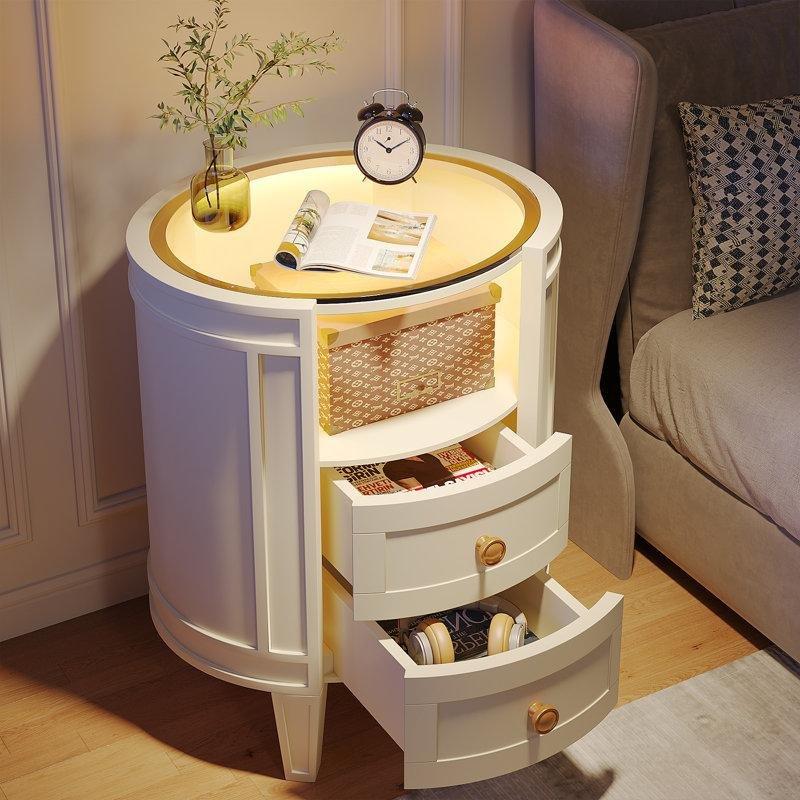 Beyaz Cam Tablalı Led Aydınlatmalı Yuvarlak Komodin - 50x38x65 cm - 128206