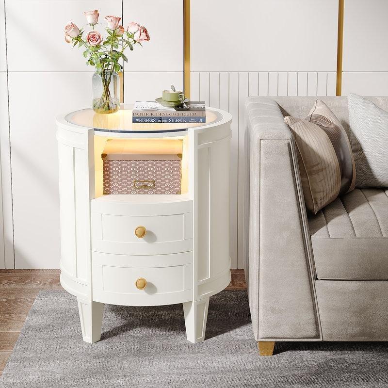 Beyaz Cam Tablalı Led Aydınlatmalı Yuvarlak Komodin - 50x38x65 cm - 128206