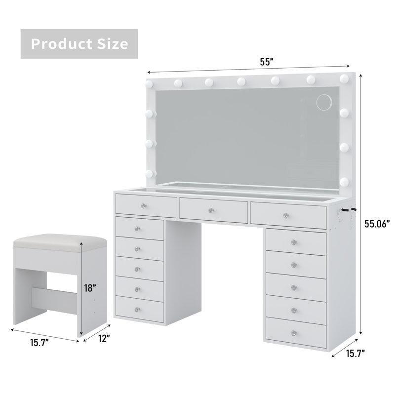 Beyaz Cam Üst Tablalı 13 Çekmeceli 12 LED Işıklı Priz ve USB Girişli Makyaj Masası - 142x40x140 cm - 121768