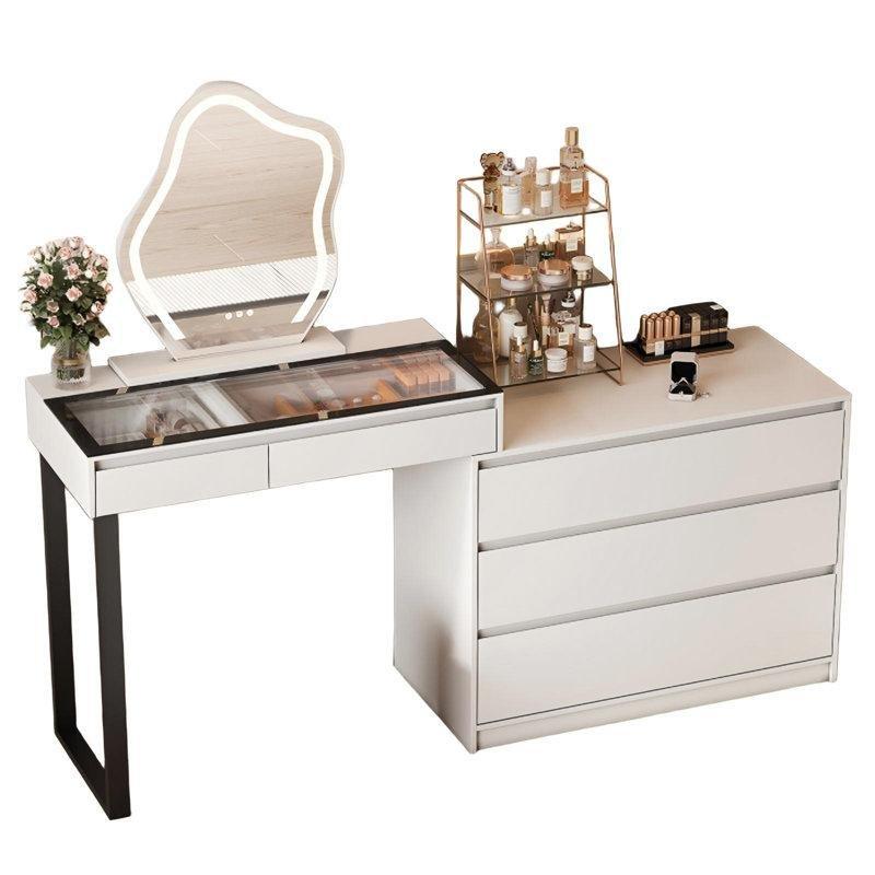 Beyaz Cam Üst Tablalı 5 Çekmeceli LED Işıklı Makyaj Masası-133 cm - 121636