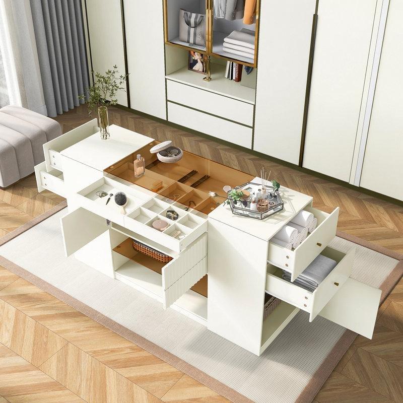 Beyaz Cam Üst Tablalı 6 Çekmeceli Vitrinli Ada Şifonyer - 154 cm - 123855