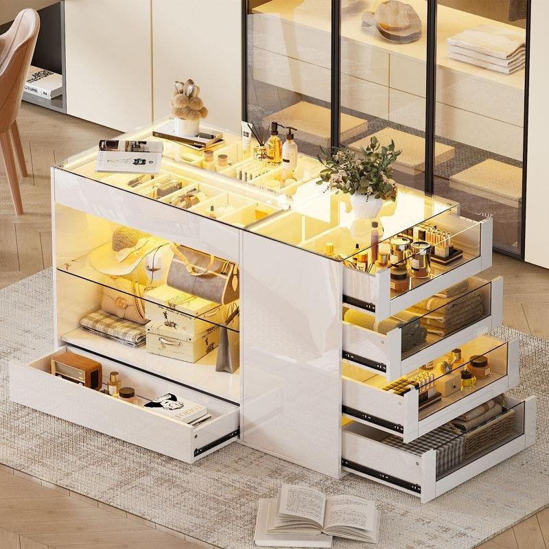 Beyaz Cam Üst Tablalı 8 Çekmeceli LED Aydınlatmalı Ada Şifonyer - 118x58x80 cm - 123852