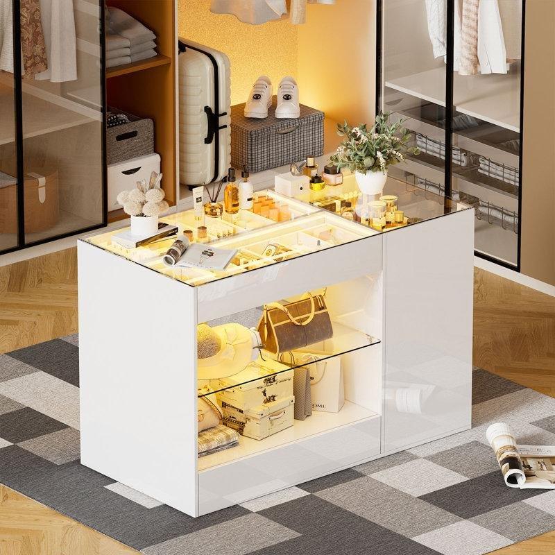 Beyaz Cam Üst Tablalı 8 Çekmeceli LED Aydınlatmalı Ada Şifonyer - 118x58x80 cm - 123852