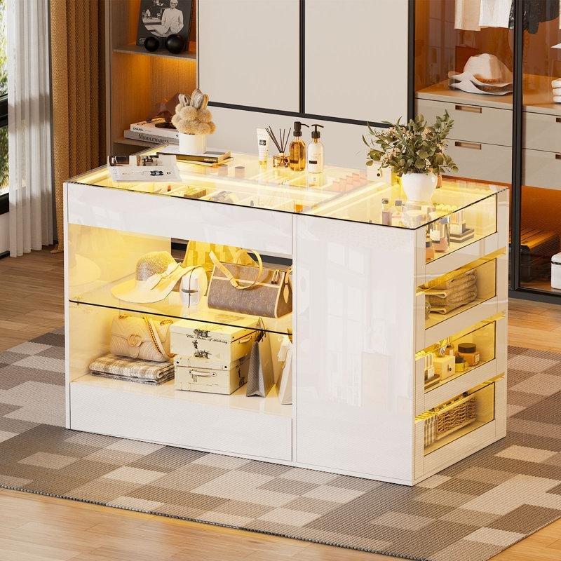 Beyaz Cam Üst Tablalı 8 Çekmeceli LED Aydınlatmalı Ada Şifonyer - 118x58x80 cm - 123852