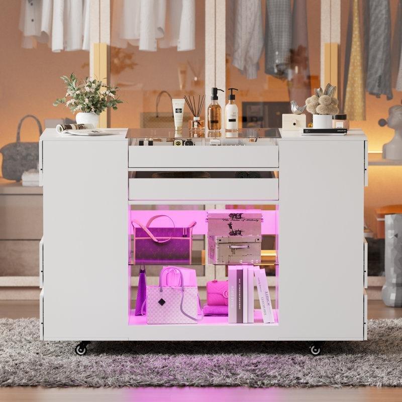 Beyaz Cam Üst Tablalı 8 Çekmeceli LED Işıklı ve Tekerlekli Ada Şifonyer - 131x56x81 cm - 123861