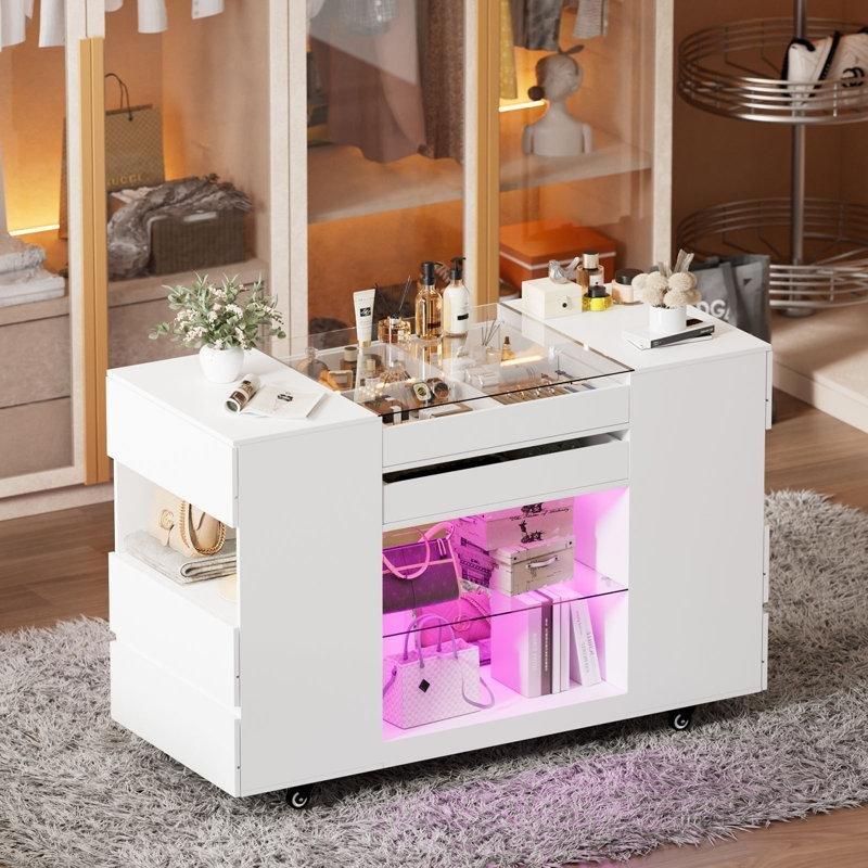 Beyaz Cam Üst Tablalı 8 Çekmeceli LED Işıklı ve Tekerlekli Ada Şifonyer - 131x56x81 cm - 123861