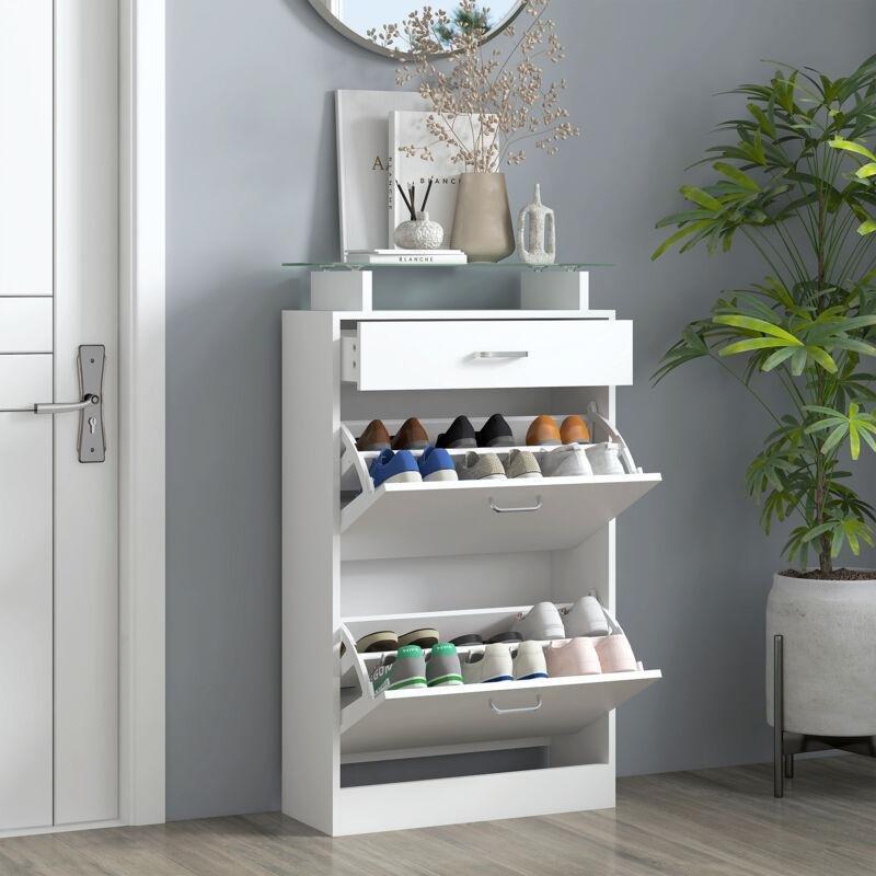 Beyaz Cam Üst Tablalı Çekmeceli Düşer Kapaklı Ahşap Ayakkabılık - 60x24x106 cm - 118816