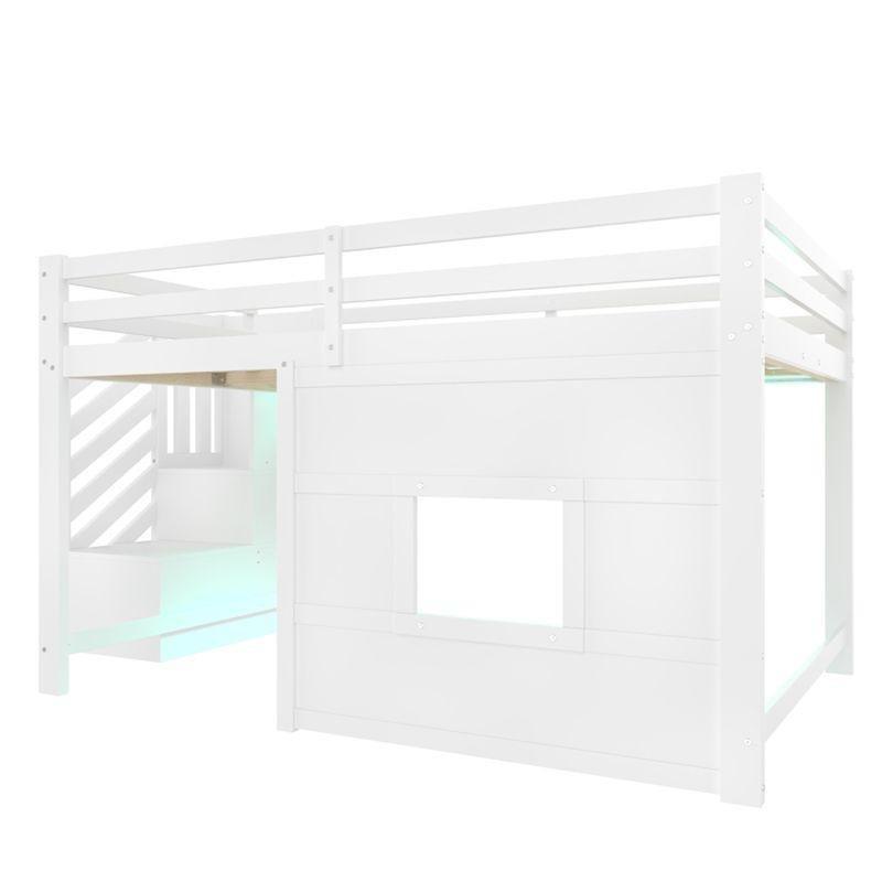 Beyaz Çam ve MDF Depolama Merdivenli LED Işıklı Pencereli Ranza - 140x200 cm - 125737