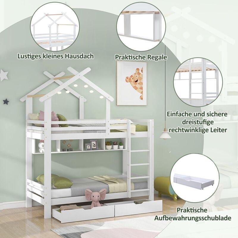 Beyaz Çam ve MDF Ev Tasarımlı Raflı Çekmeceli Ranza - 90x200 cm - 125106