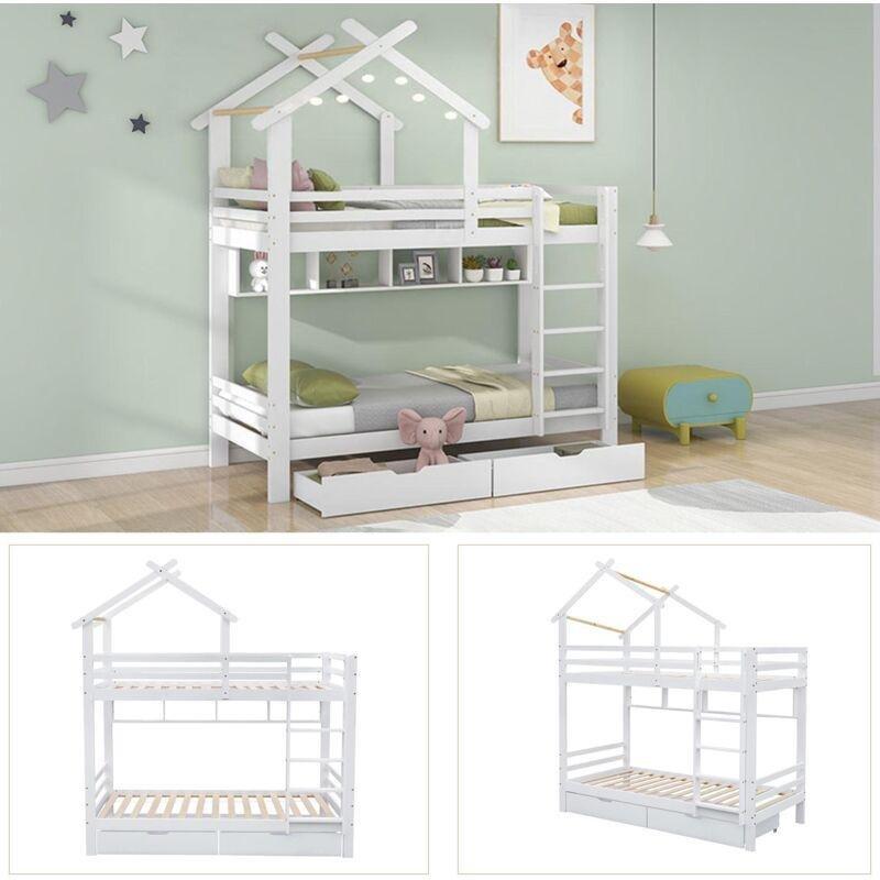 Beyaz Çam ve MDF Ev Tasarımlı Raflı Çekmeceli Ranza - 90x200 cm - 125106
