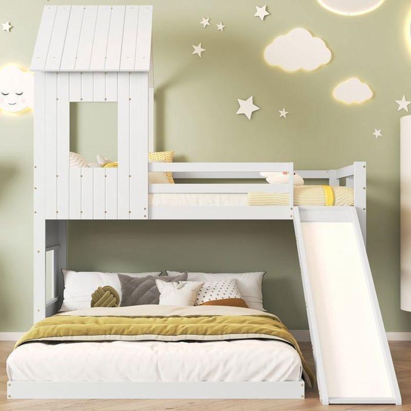 Beyaz Çam ve MDF Kaydıraklı Ev Tasarımlı Ranza - 90x200 cm ve 140x200 cm - 125608