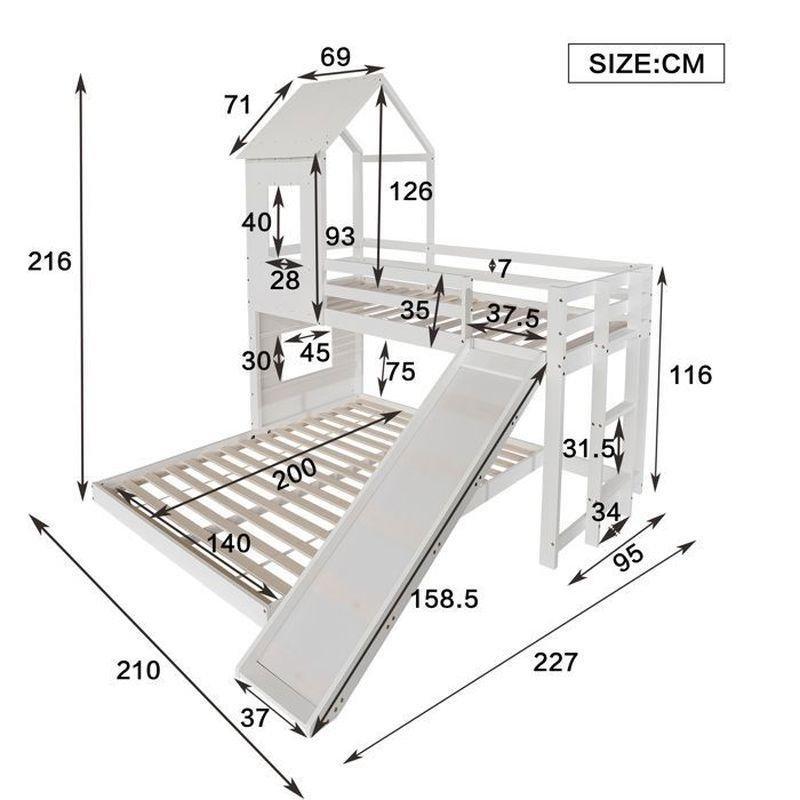 Beyaz Çam ve MDF Kaydıraklı Ev Tasarımlı Ranza - 90x200 cm ve 140x200 cm - 125608
