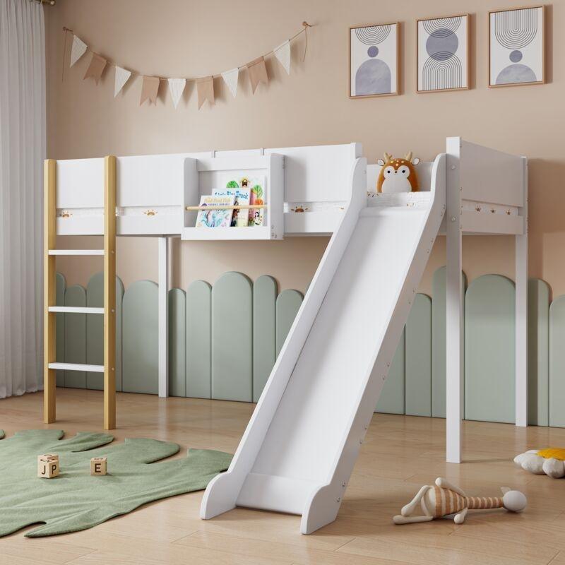 Beyaz Çam ve MDF Kaydıraklı Merdivenli Çıkarılabilir Raflı Ranza - 90x200 cm - 124912