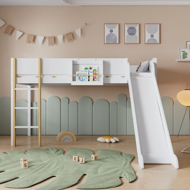 Beyaz Çam ve MDF Kaydıraklı Merdivenli Çıkarılabilir Raflı Ranza - 90x200 cm - 124912