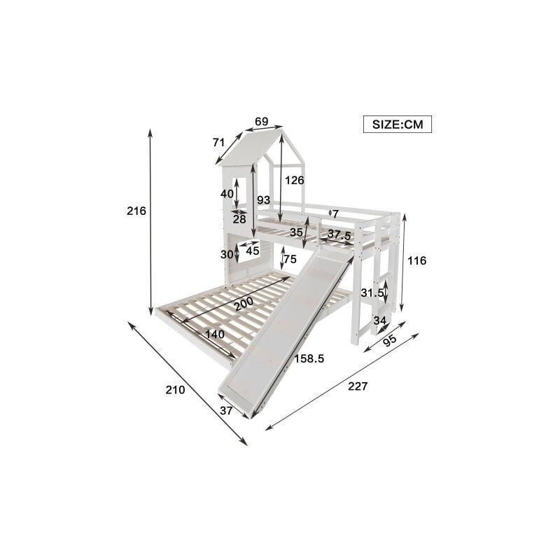 Beyaz Çam ve MDF Kaydıraklı Pencereli Ev Konseptli Ranza - 210x227x216 cm - 125300