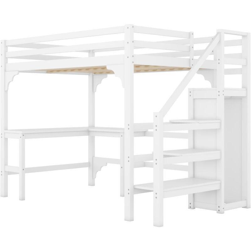 Beyaz Çam ve MDF L Çalışma Masalı Depolamalı Merdivenli Ranza - 140x200 cm - 124935