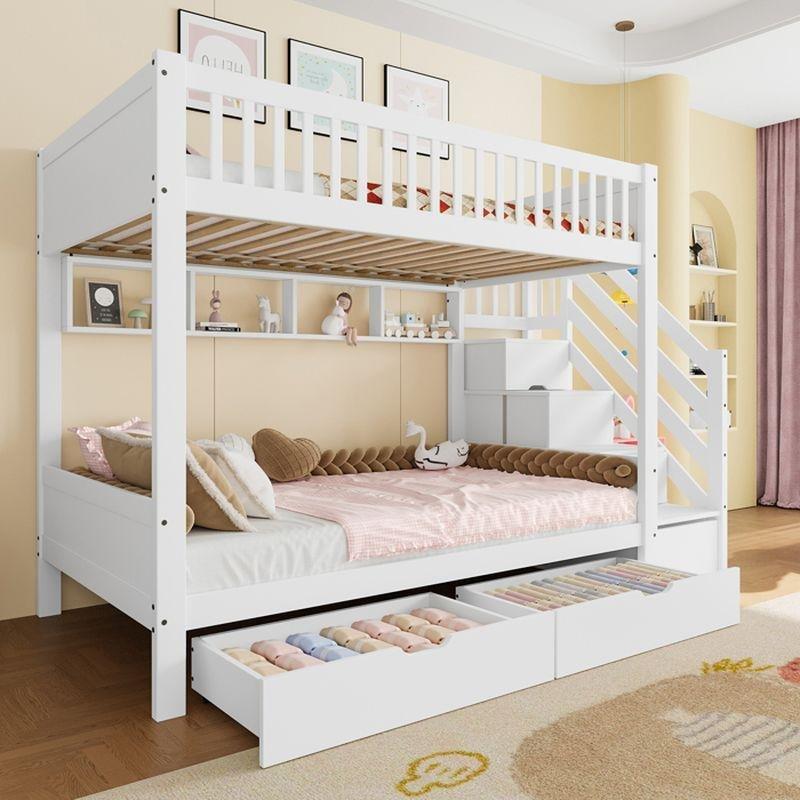 Beyaz Çam ve MDF Merdivenli Dolaplı ve Çekmeceli Ranza - 90x200 cm - 125500