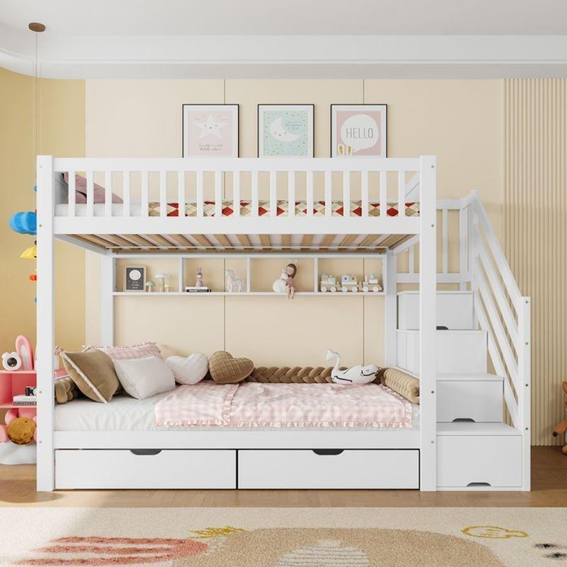 Beyaz Çam ve MDF Merdivenli Dolaplı ve Çekmeceli Ranza - 90x200 cm - 125500