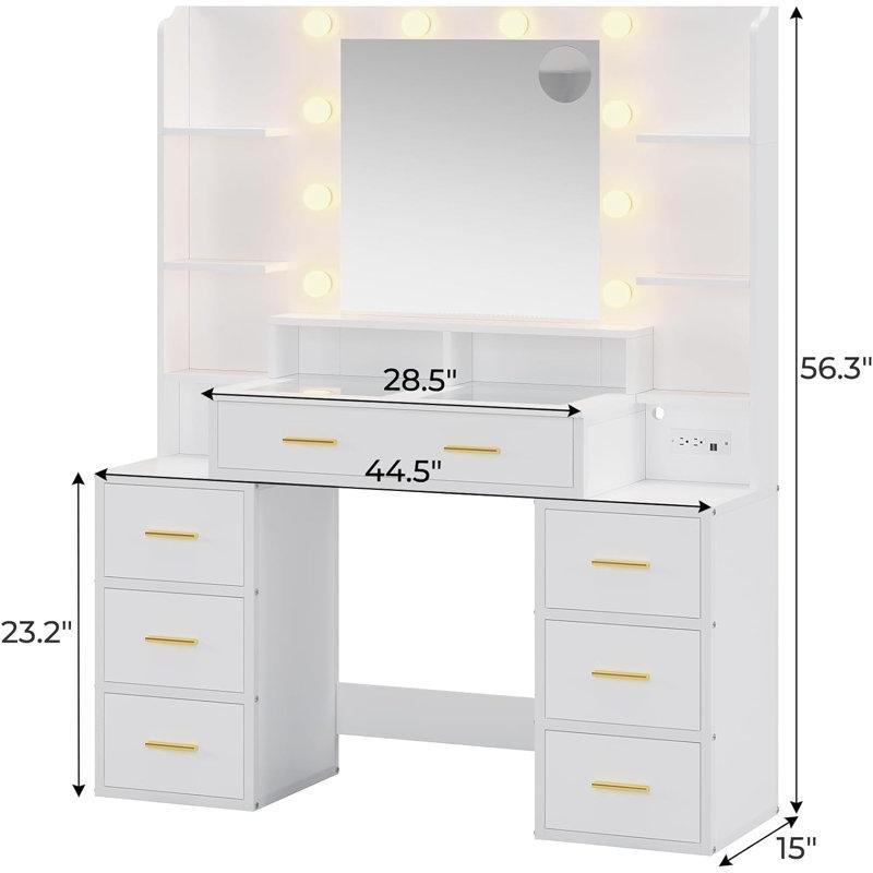 Beyaz Cam Yüzeyli 10 LED Işıklı ve Priz Çıkışlı 8 Çekmeceli Makyaj Masası - 113x143 cm - 121519