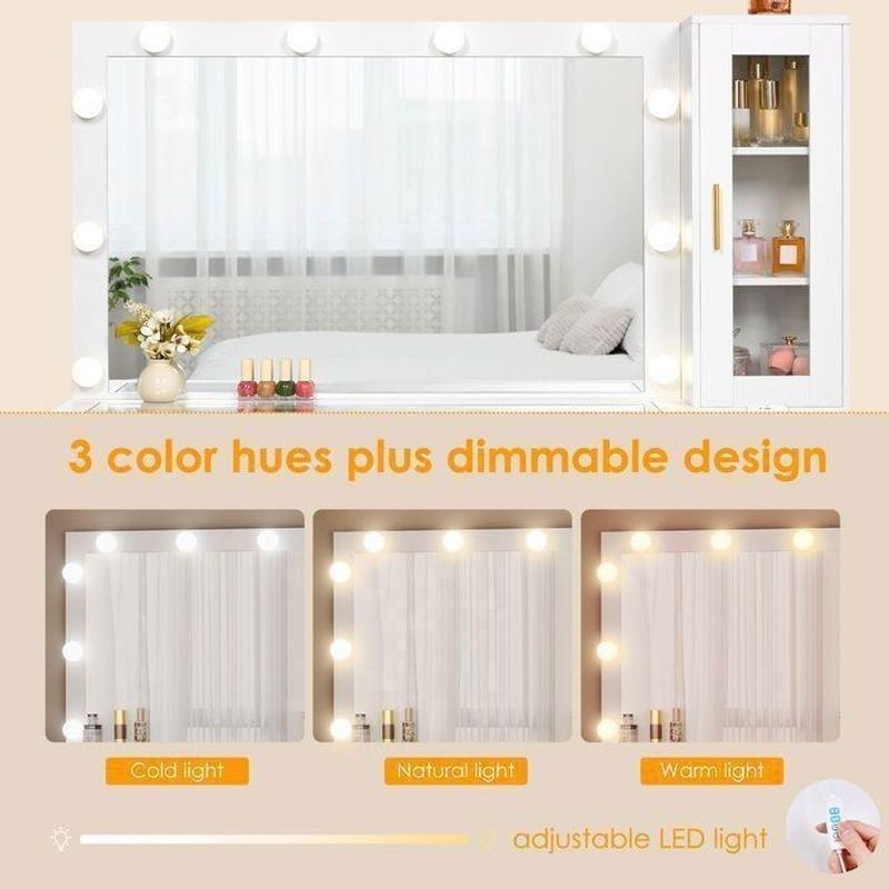Beyaz Cam Yüzeyli LED Işıklı Şarj İstasyonlu Makyaj Masası - 140 cm - 122356