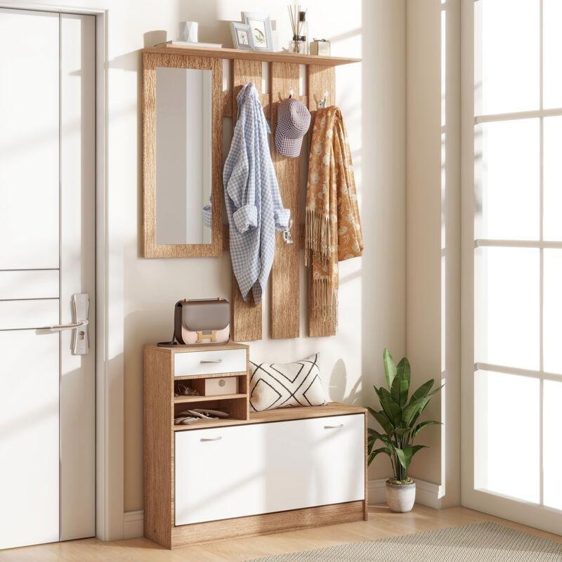 Beyaz Ceviz Ahşap Askılı ve Çekmeceli Aynalı Ayakkabılık - 90x24 cm - 118979