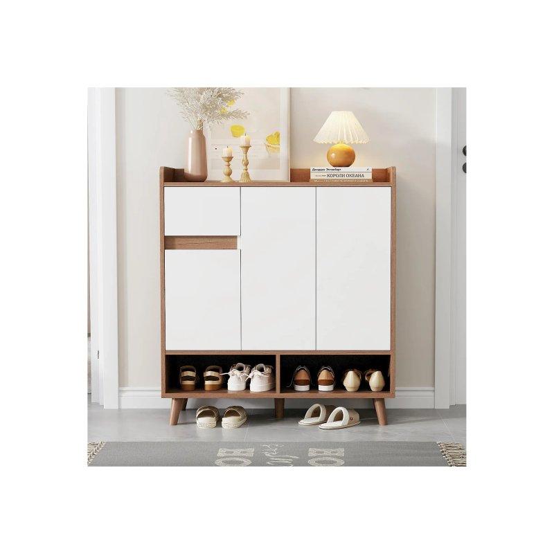 Beyaz Ceviz Ahşap Ayaklı 7 Bölmeli Çekmeceli Ayarlanabilir Raflı Ayakkabılık - 90x35x99 cm - 118492